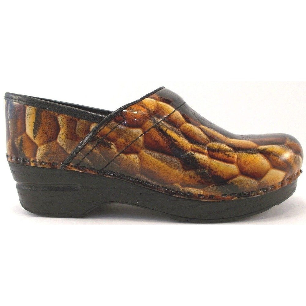 Dansko Womens Gold Animal Snake Print Patent Leather Clogs Sz 37 EU 6.5-7 US